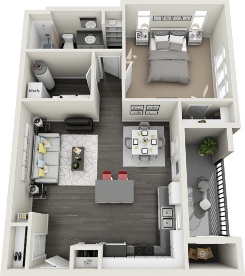 Floor plan for 1 bed, 1 bath, 711 sqft